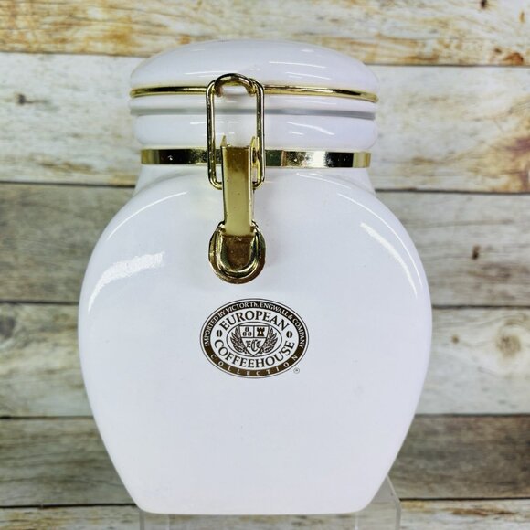 Vintage EUROPEAN COFFEEHOUSE White Gold Letters Ceramic Airtight 8.5"T Canister - Picture 2 of 16